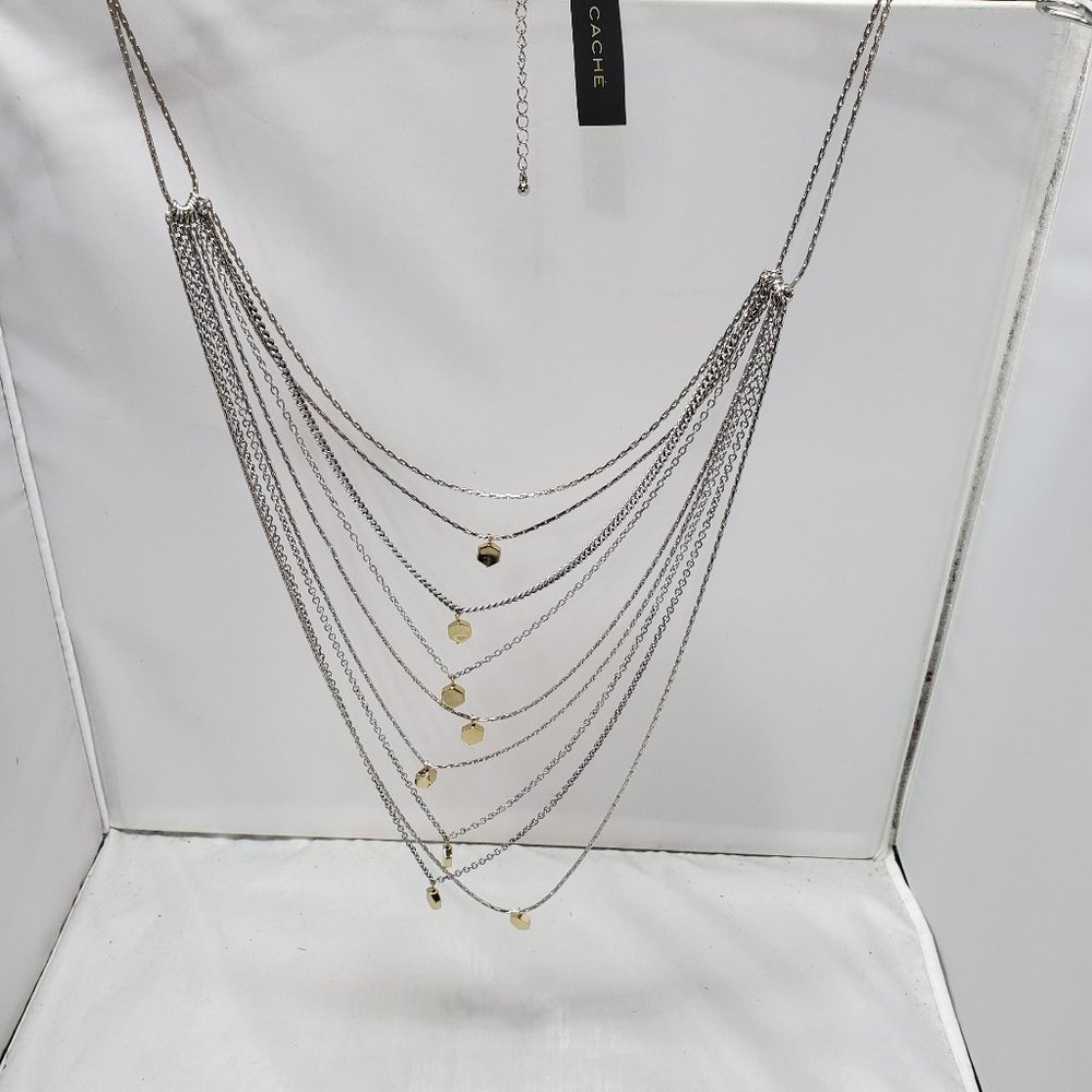 CACHE multi-layered 9-strand layered silver necklace with gold charms